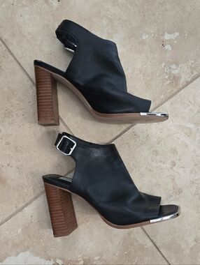 Steve Madden Black Open-Toe Slingback Block Heel Sandals with Silver Accent